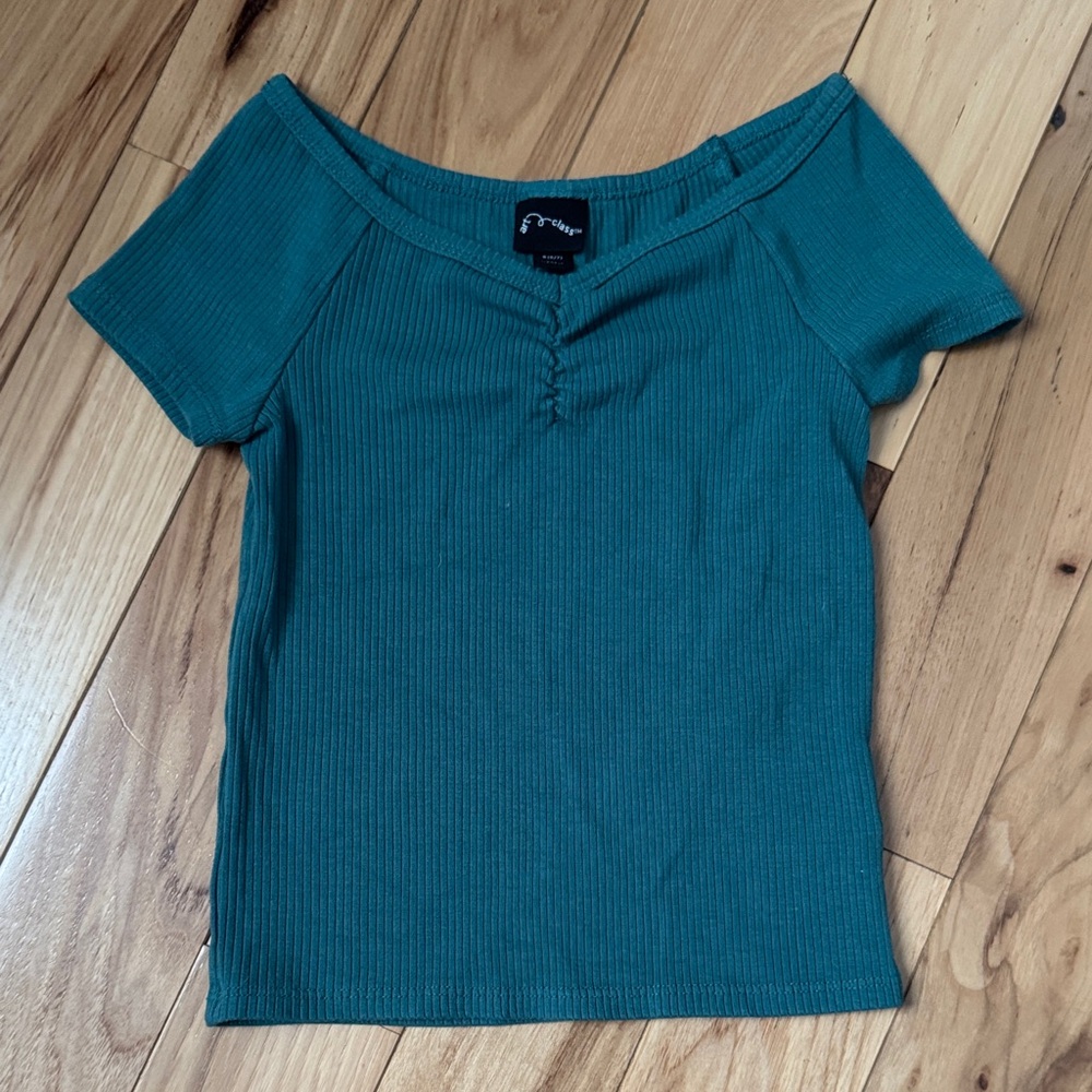 Art Class Teal Ribbed Off-Shoulder Crop Top